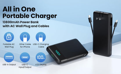 Portable Charger for iPhone with Built in Cables and Wall Plug,Upgraded 13800mAh Fast Charging USB C Power Bank,4 Outputs Travel Essential Battery Pack Compatible with iPhone 15/14/13,Samsung-Purple