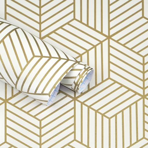 Geometric Wallpaper Peel and Stick Wallpaper Removable Self Adhesive Wall paper White/Gold Striped Hexagon Contact Paper for Cabinets Shelf Drawer Liner Renter Friendly Vinyl Roll 17.7"x118.1" Upgrade