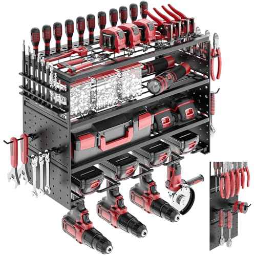 Power Tool Organizer Wall Mount - 4 Layer Metal Power Tool Storage Rack, Cordless Drill Holder with 4 Hooks, Utility Storage Rack for Garage Workshop Shed Pegboard