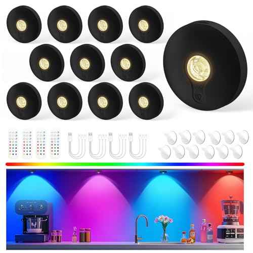 Rechargeable Puck Lights with Remote, 12 Pack Magnetic Under Cabinet Lighting, 1500mAh Battery Operated LED Tap Lights with Dimmer & Timmer for Kitchen, Closet, Shelf - 3 Color Temps & 12 RGB, Black