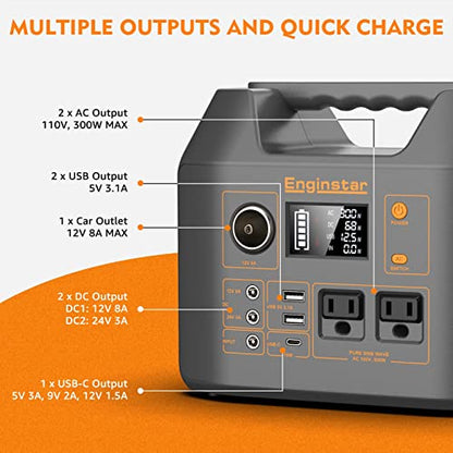 Portable Power Station EnginStar 300W Solar Generator 110V 296Wh Power Bank Two Pure Sine Wave AC Outlet 80000mAh Lithium Battery Pack for Camping Outdoors Trip RV Hunting Vans Emergency Backup