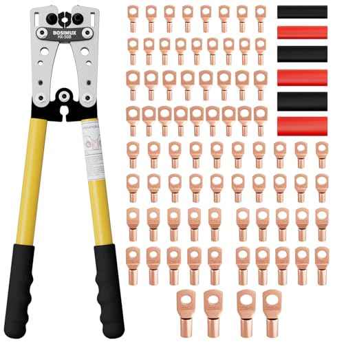 Battery Cable Lug Crimping Tool for AWG 10-1/0, Electrical Lug Crimper with 78pcs Copper Wire Lugs and 110pcs 3:1 Adhesive Heat Shrink Tubing, Wire Crimping Tool for Battery Cables
