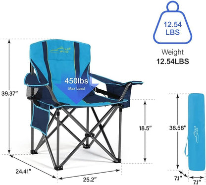 FAIR WIND 2 Pack Oversized Fully Padded Camping Chair with Lumbar Support, Heavy Duty Cooler Bag Fold Chair Support 450 LBS, Blue Green