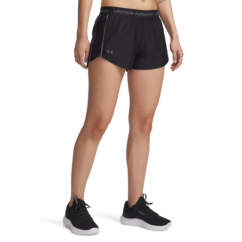 Under Armour Women's Tech Play Up Short, 3" Inseam Low Rise with Pockets, Quick Dry, Athletic Shorts for Workout, Running, and Gym, Black/Castlerock, Medium
