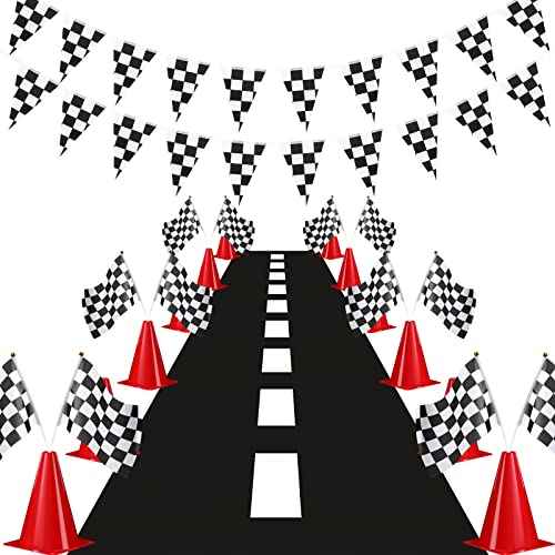 Skylety Traffic Cones and Racing Checkered Flags Set-include 12 Plastic Traffic Cones,12 Flags with Sticks,31 ft Checkered Pennant Banner and 9.8 x 2 ft Racetrack Floor Running Mat