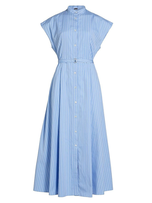 Adam Lippes, Dejeuner Poplin Belted Shirtdress, 6, Pale Blue White