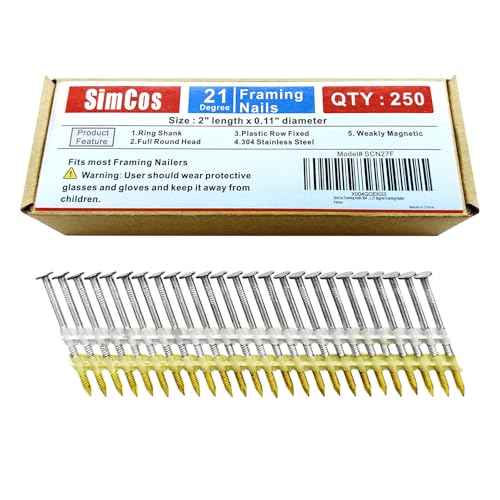 Framing Nails 304 Stainless Steel 21¡Æ Full Round Head Nail 21 Degree Ring Shank Nail for Pneumatic, Electric 21 degree Framing Nailer (2 inch (250 pcs))