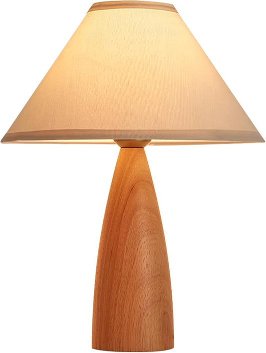 Bedside Table Lamp for Bedroom, Mid-Century Modern Plug in Fabric Shade & Solid Wood Base Desk Lamp, Plug & Play Natural Wood Nightstand Lamp for Living Room, Office, Switch Power Cord 【Bulb Included】