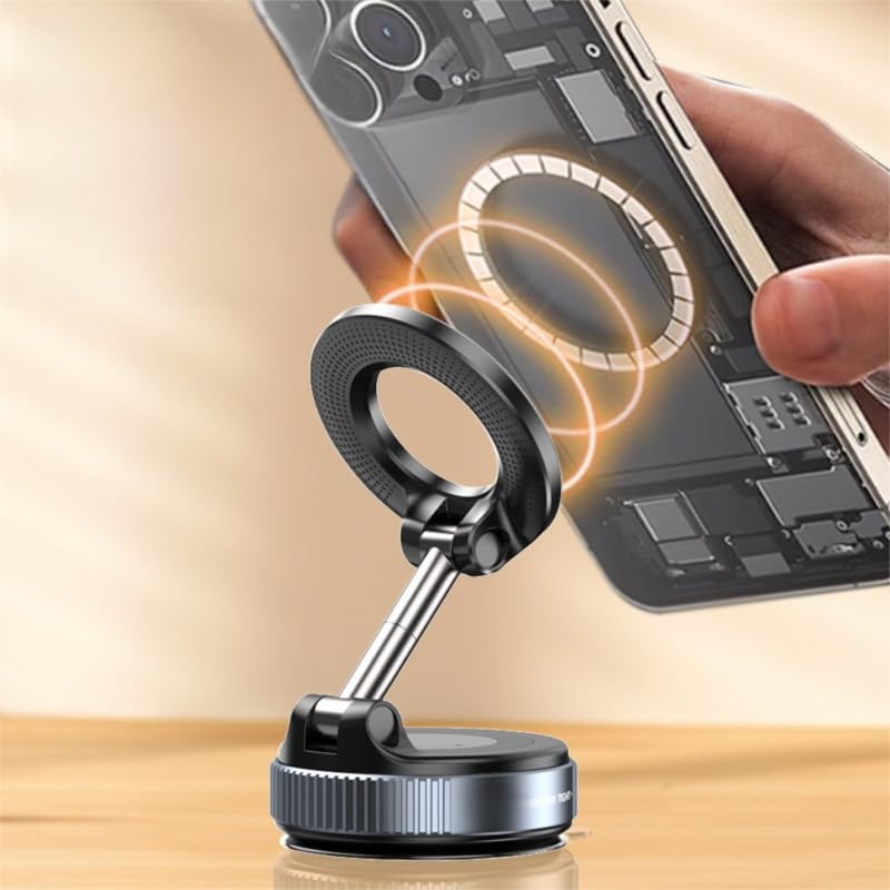 360° Foldable Vacuum Magnetic Phone Holder, Magnetic Car Phone Mount, Hands-Free Suction Cup Phone Holder for Smooth Surface/Car/Gym/Mirror/Tile-Black