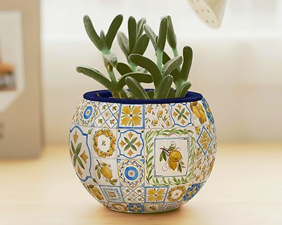PieceRelax 3D Puzzle Planter - Retro Tiles - Small Round Plant Pots with Drainage, Home Decor Flower Pots for Indoor Cactus, Succulents Pots [K1104]