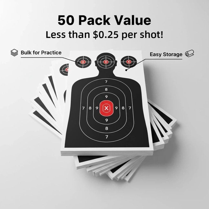 Silhouette Paper Shooting Targets - 50-Pack 14x22 Inch Red Bullseye for Handgun, Pistol, Rifle & Airsoft - Durable Crease-Resistant Design