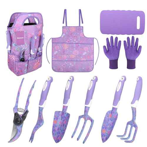 Purple Garden Tool Sets 10-Piece, Aluminum Alloy Steel Hand Tools w/Non-Slip Ergonomic Handle, Floral Print Garden Supplies Organizer Handbag, Cute Gardening Tools Gift for Women Grandmother
