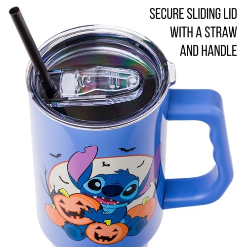 Silver Buffalo Disney Lilo and Stitch Halloween Spooky Pumpkin Jack-O-Lantern Stainless Steel Tumbler with Handle and Straw, Fits in Standard Cup Holder, 40 Ounces