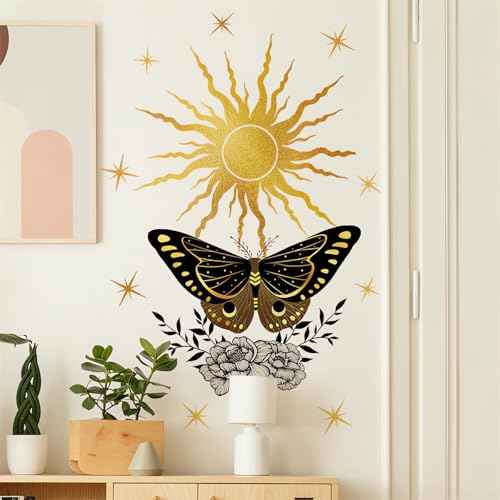 Sacred Golden Sun Stars Black Butterfly Peony Wall Stickers, sacinora Middle Ages Wall Decals Removable Vinyl Peel and Stick for Living Room Bedroom Art Home Decorations