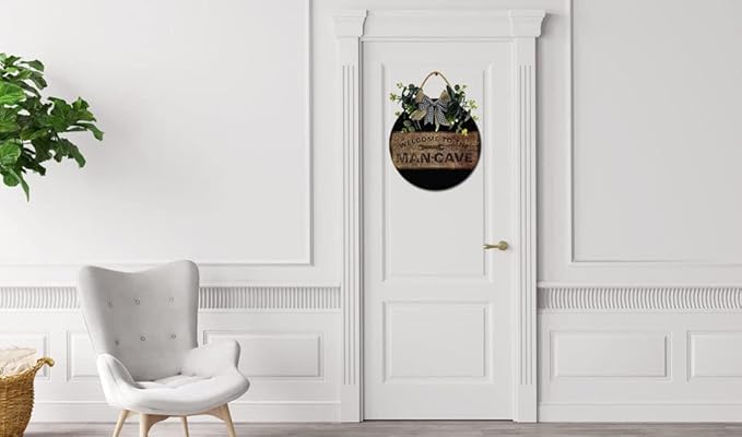 Welcome To The Mancave Front Door Sign Funny Wreaths Hanging Wooden Plaque Decoration Round Rustic Wood Farmhouse Porch Decor for Home Front Door Decor, 12 x 12 Inch