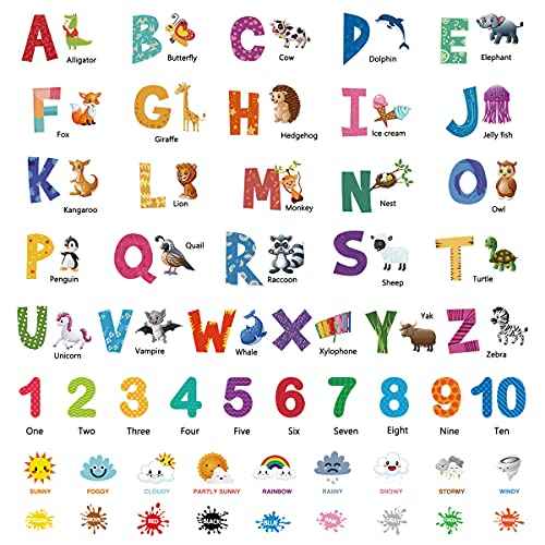 80 Pcs Animal Alphabet Numbers Weather Color Wall Decals Colorful ABC Alphabet Learning Educational Wall Sticker Removable Peel and Stick Wall D?cor for Kids Bedroom Nursery Classroom Decorations