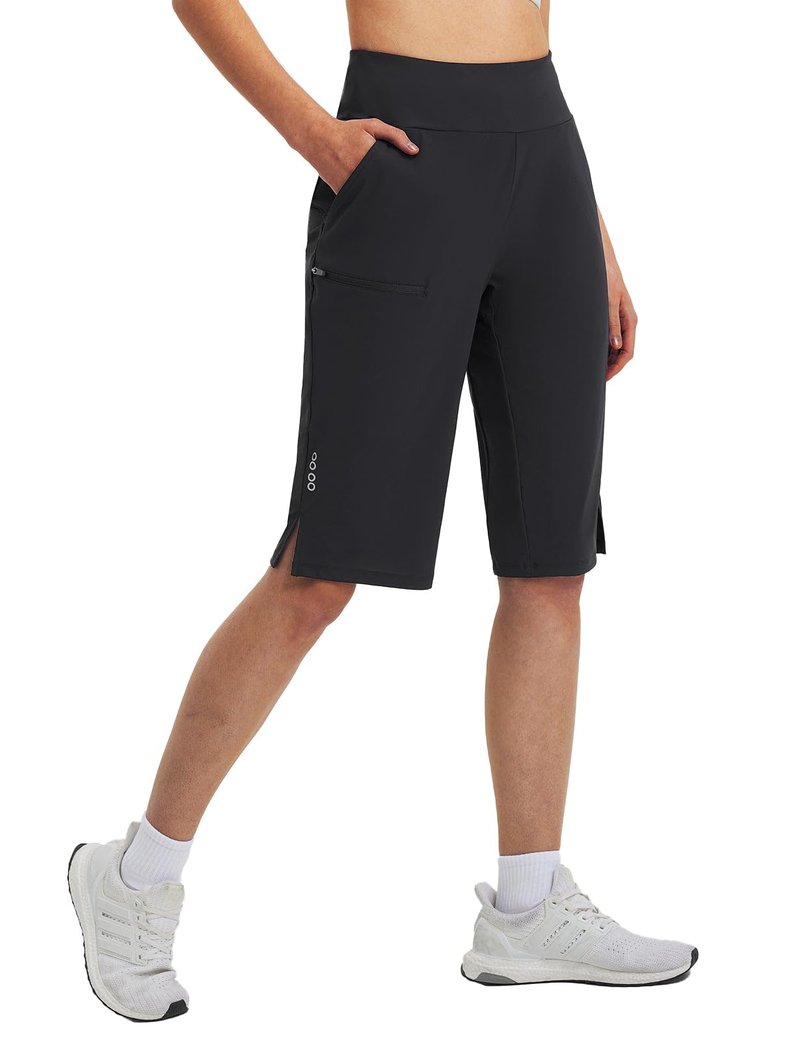 baleaf Women's 14'' Long Shorts Knee Length Capris Quick Dry Lightweight Cargo Hiking Cycling Zipper Pockets UPF 50+ Black M