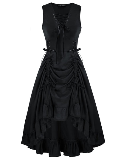 Black Goth Dress for Women Vintage Sleeveless Ruffle High Low Steampunk Dress Black XL