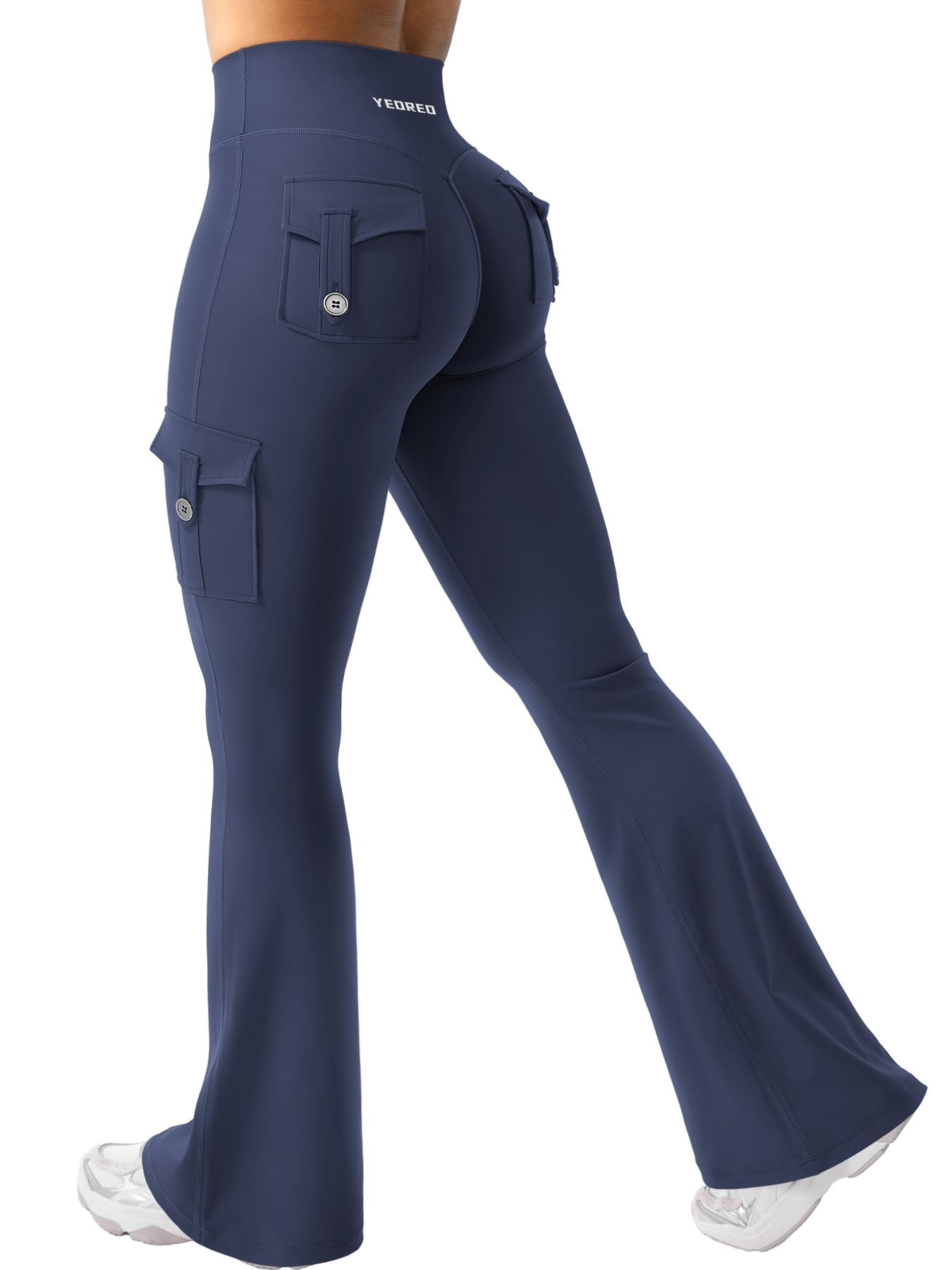 YEOREO CoreFlex Women Workout Flare Leggings with Pockets Hidden Scrunch Cargo Gym Yoga No Front Seam Leggings Navy S