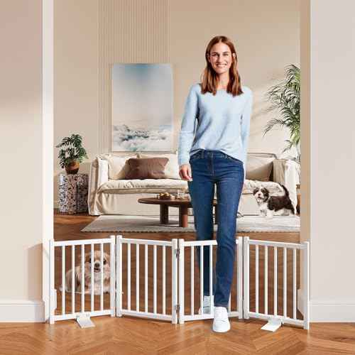 Snughome Dog Gate Indoor, 16" High Freestanding Dog Door Gates with Support Feet, Expands Up to 48¡¯¡¯ Wide Foldable Pet Gates for Doorways Hallways, 4 Panel Folding Pet Door Pet Fence for Puppy, White