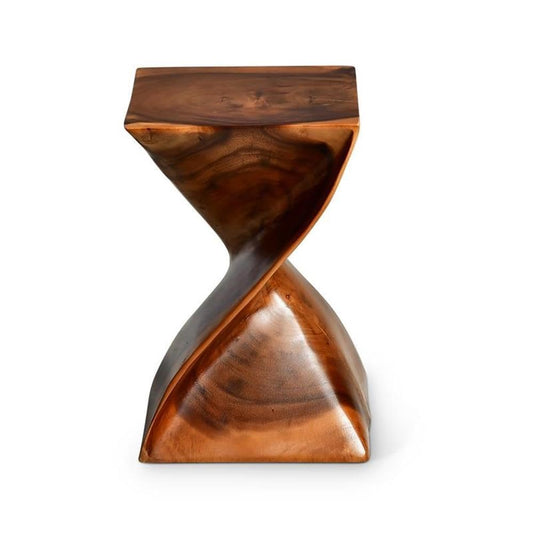 BOWERY HILL Modern Accent Side Table, 18 in H Solid Sheesham Wood, Natural Brown Wood Glaze Finish, Twist Silhouette, Versatile End Table or Plant Stand for Living Room or Bedroom Decor