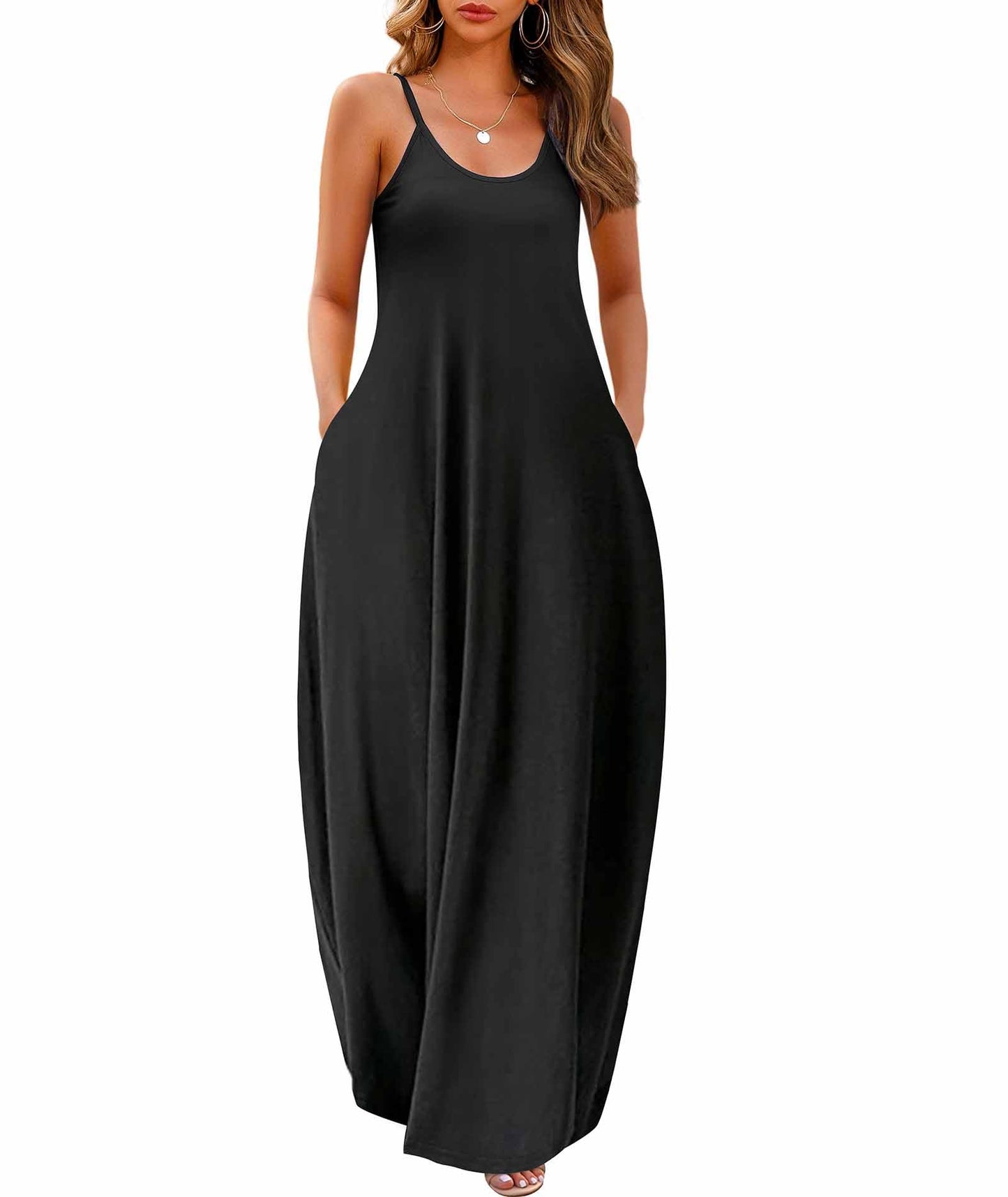 Wolddress Womens 2025 Casual Sleeveless Sundress Plus Size Loose Plain Long Summer Beach Maxi Dress with Pockets Black 2X