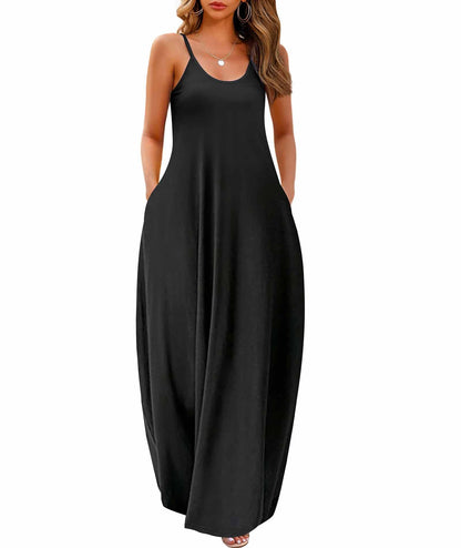 Wolddress Womens 2025 Casual Sleeveless Sundress Plus Size Loose Plain Long Summer Beach Maxi Dress with Pockets Black 2X