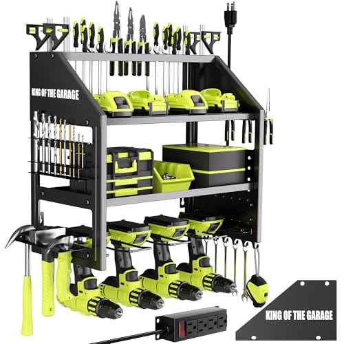Power Tool Organizer Wall Mount with Charging Station ? King of the Garage, 4 Drill Holders, Heavy Duty Cordless Tool Rack with 4-Outlet Power Strip, Gifts for Him, Birthday Gifts for Men