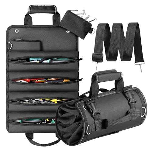 Heavy Duty Roll-Up Tool Bag with 2 Detachable Zipper Pouches, Compact and Portable Large Capacity Tool Storage, Versatile Tool Organizer for Mechanics, Electricians, and DIY Enthusiasts