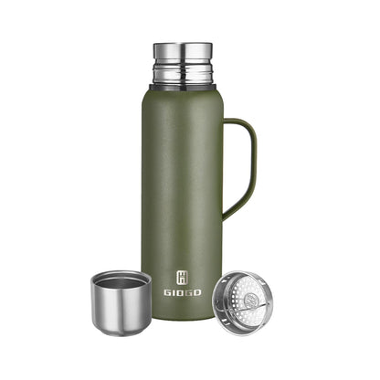 Insulated Vacuum Thermo Bottle 750ml/25.4oz with Cup Stainless Steel Coffee Bottles for Hot and Cold Drink Water Flask.(Green, with Handle, 750ml)