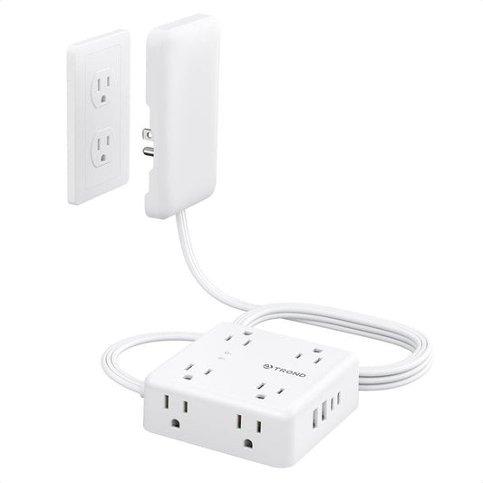 TROND Flat Outlet Cover Extender - 6FT Flat Extension Cord with 8 Outlet and 4 USB, Ultra-Thin Power Strip Cord Concealer with 1700 Surge Protector, Idea for Home Improvement to Hide TV Messy Cord