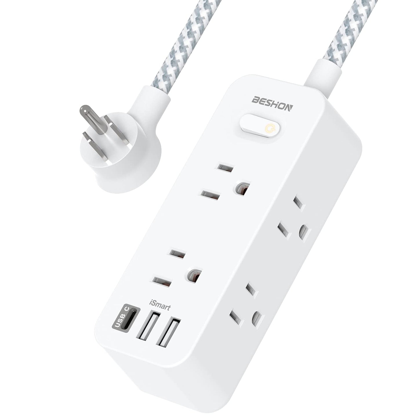 Power Strip Surge Protector, BESHON 5Ft Extension Cord, 6 Outlets with 4 USB Ports (2 USB C Outlet), 3-Side Outlet Extender, Wall Mount, Compact for Travel, Home, School, College Dorm Room and Office