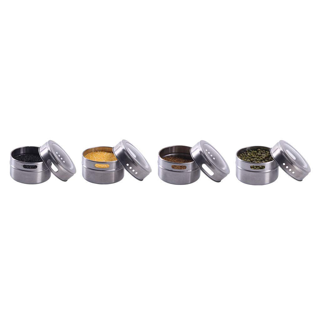 Sanvcomy 12 Powerful Magnetic Spice Tins- Stainless Steel Spice Storage Containers, Kitchen Spice Jars with Clear Lid with Sift & Pour, Rack Magnetic on Fridge, 120 Spice Labels