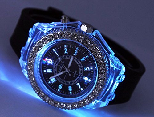 FANMIS Unisex Sports Rhinestone LED Flashing Light up Color Changing Silicone Jelly Watch Black