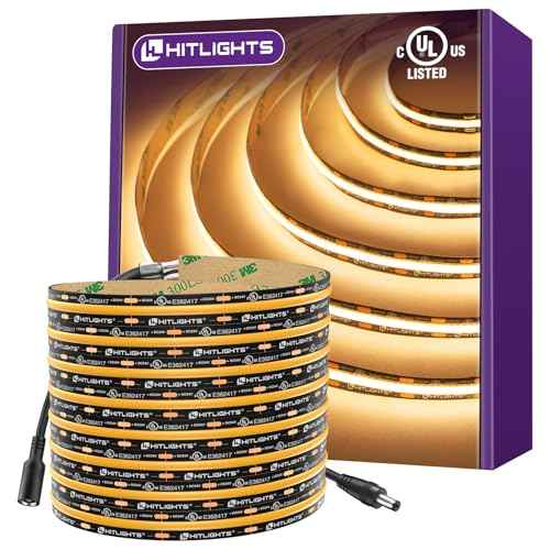 HitLights COB LED Strip Lights Warm White 2700K, 16.4ft Premium 12V Tape Light High Density, 2400 LEDs, 305+ LM/FT, CRI 90+, IP30, Lighting for Kitchen, Cabinets, UL Listed (Power Source Not Included)