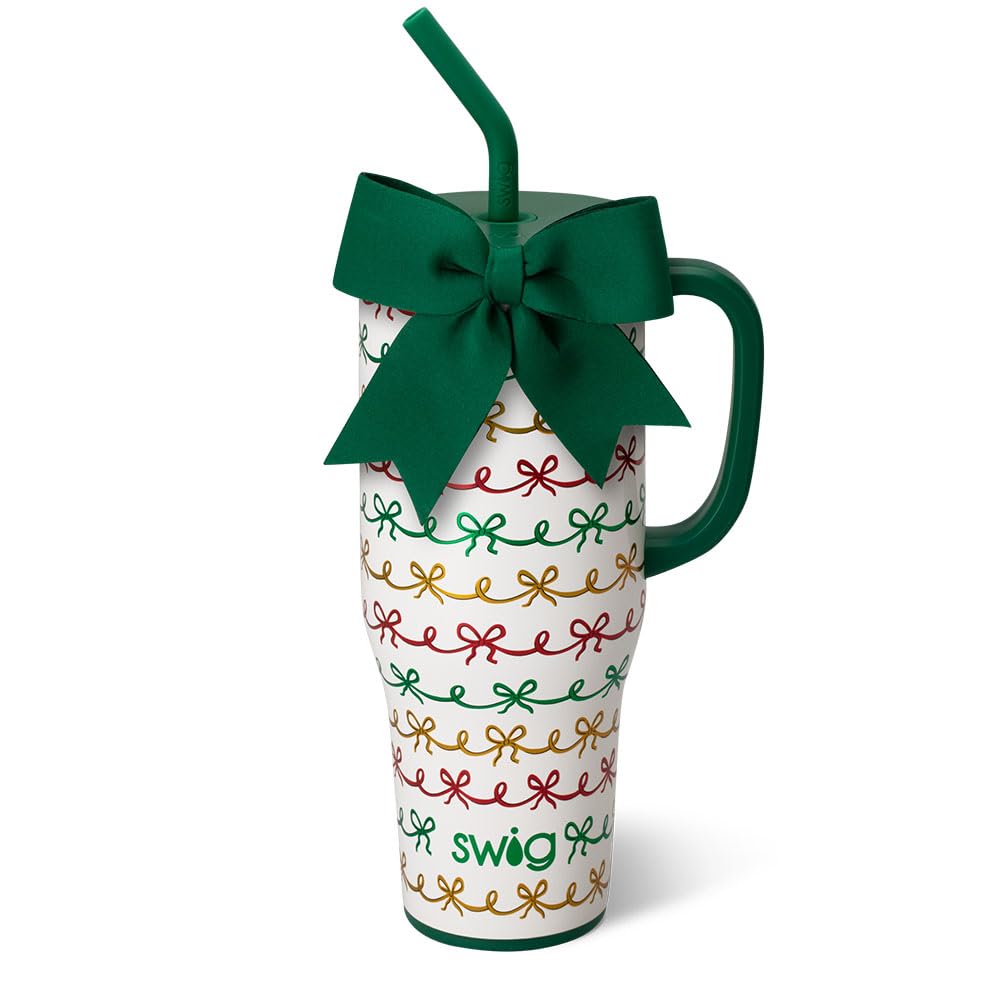 Swig Life 40oz Mega Mug, 40oz Tumbler with Handle and Straw, Extra Large Insulated Tumblers, Cup Holder Friendly Travel Mug (Christmas Bows)