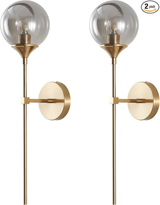 KCO Mid-Century Modern Wall Mounted Sconces Set of 2 Smoke Gray Glass Globe Wall Lamps with Long Arm Industrial Gold Wall Lights Fixture for Bedroom Bedside Stairway Hallway