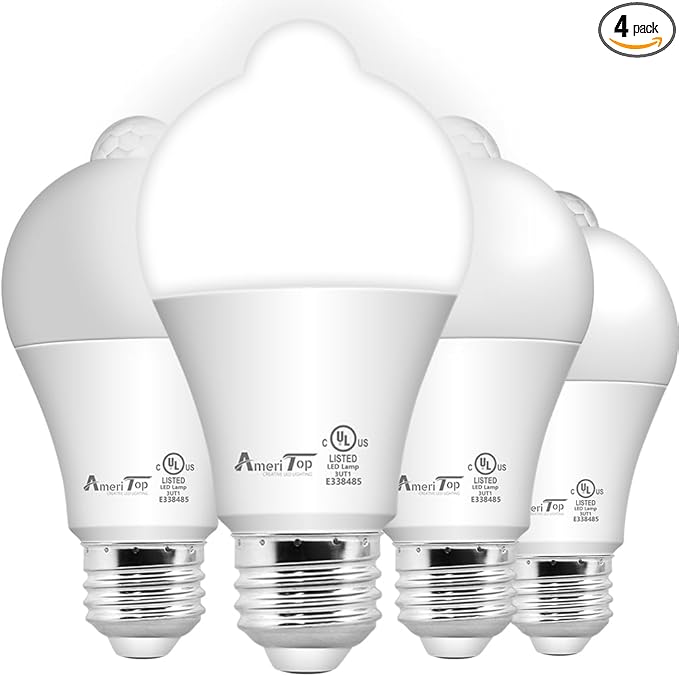 AmeriTop Motion Sensor Light Bulb- 4 Pack, 10W(60W Equivalent) 806lm Motion Activated Dusk to Dawn Security LED Bulb; UL Listed, A19, E26, Auto On/Off Indoor Outdoor Lighting (5000K Daylight)