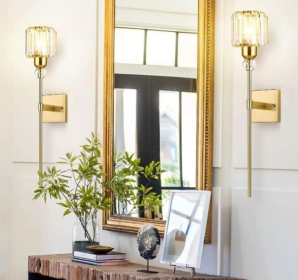 Modern Gold Wall Sconces Lighting Battery Operated Set of 2,No Wiring Rechargeable Wall Lights Fixture with Wireless Remote,Clear Glass Long Wall Lamp for Bedroom Bathroom Living Room Vanity Light