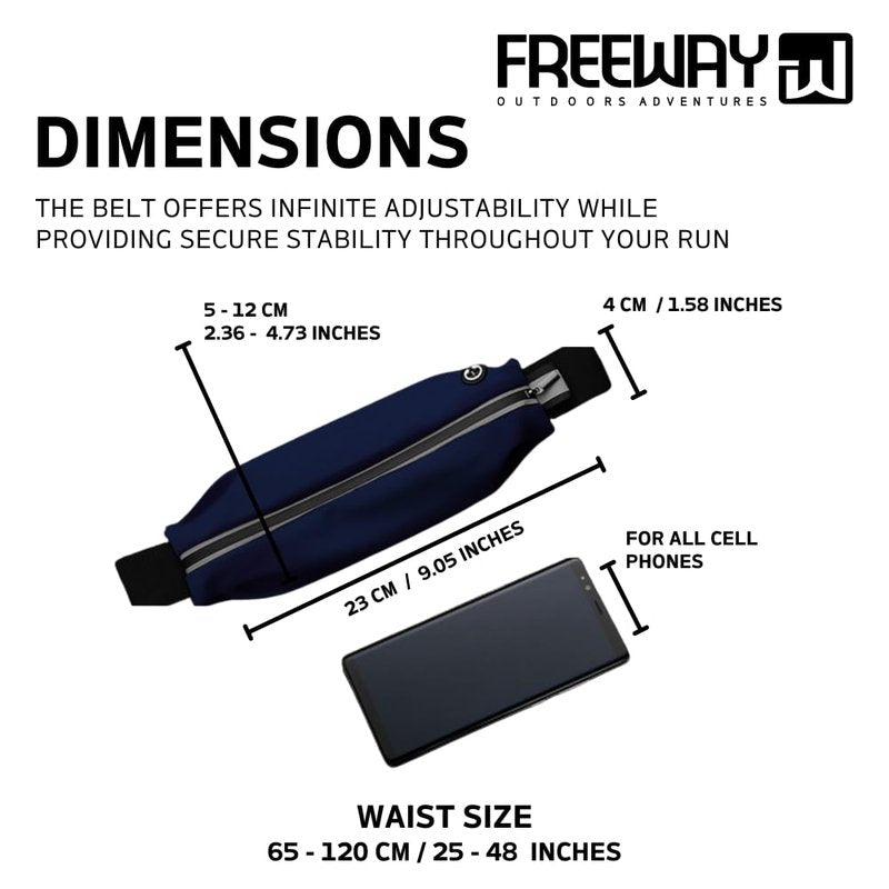 FREEWAY OUTDOORS ADVENTURES Running Belt for Men & Women - Secure Jogging Pouch for Phone, Keys & Essentials. Water Resistance, Adjustable for All Cell Phones (BLUE)