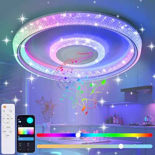 Bathroom Ceiling Light, Waterproof Shower Light with Bluetooth Speaker, Flush Mount Lighting Fixture Dimmable RGB Color Change, App+Remote Control Led Music Ceiling Lamp for Kids Room Bedroom