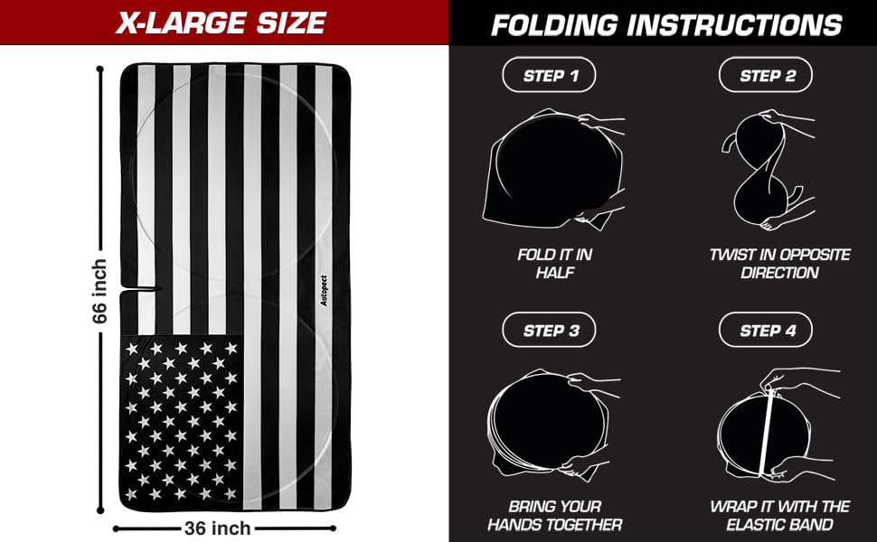 Autopect Windshield Sun Shade - American Flag Design, High-Resolution Sun Visor for Car, Truck, SUV with Mirror Cut-Out for Interior Sun Protection, Foldable Car Sun Shade (Black and White, X-Large)