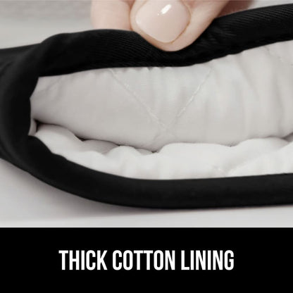 GORILLA GRIP BPA-Free Soft Silicone Oven Mitts, Heat Resistant and Waterproof Cooking Gloves, Thick Cotton Lining, Flexible Gripping for Baking Grilling, Kitchen Potholders Set of 2, 12.5x8.3, Black