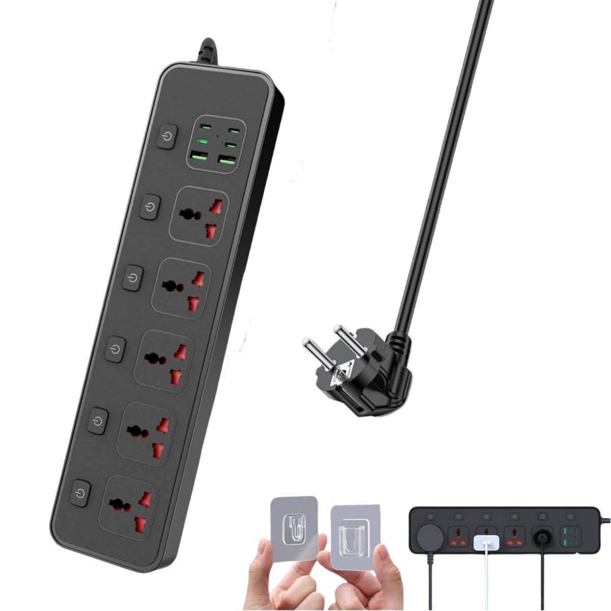 Flat Plug Power Strip with Individual Swtich, Jumpso 6ft Universal Extension Cord with 5 Outlets and 2 USB 4 USB C Ports, Max 3000w, 110-240v, Multiple Outlets Plug Adapter for Office Travel