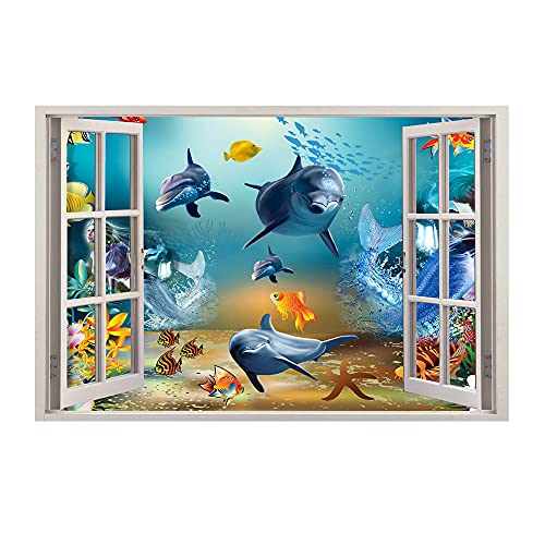 3D Ocean World Fake Windows Wall Sticker,Shark Turtle Tropical Fishes Sea Life Peel and Stick Removable Windows Wall Decals for Boys and Girls Bedroom Playroom Living Room£¨24"x18"£©