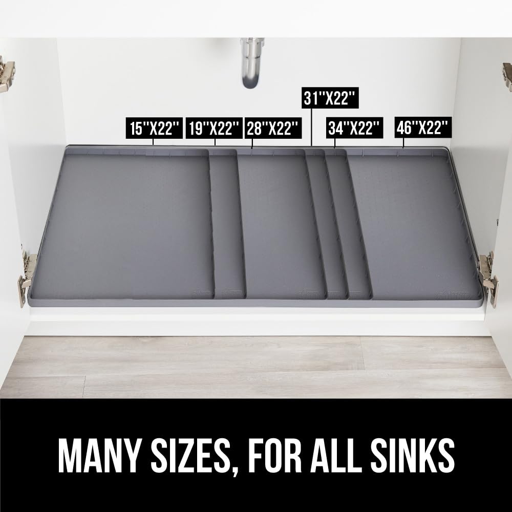 GORILLA GRIP Waterproof Silicone Under Sink Mat with Raised Lip for Kitchen and Bathroom, 34 x 22 in, Cabinet Shelf Liner Stay in Place Mats Dishwasher Safe Drawer Liner, Organizer Tray, Gray