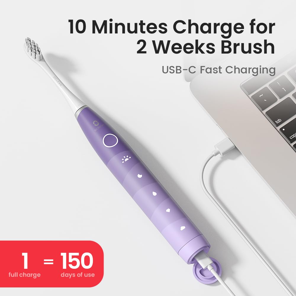 Oclean Electric Toothbrush for Adults, 150 Days Battery Life Electric Toothbrush, USB Rechargeable Sonic Travel Toothbrush with 6 Brush Heads & Travel Case, 5 Modes and Smart Timer