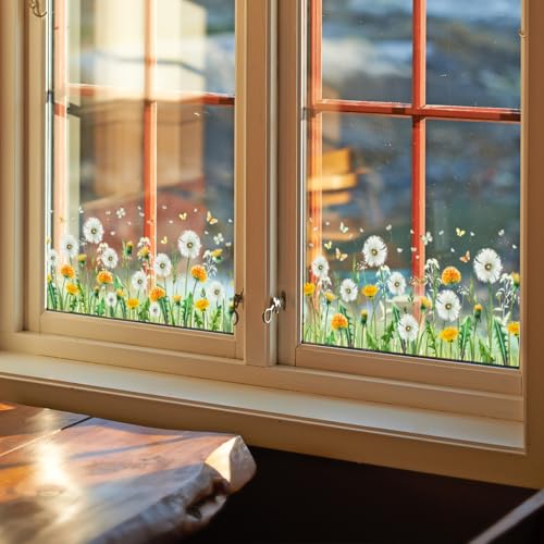 4 Sheets PVC Removable Dandelion Flower Wall Stickers, 40"¡¿10" Floral Decals for Bedroom, Kids Room, Bathroom, Classroom, Glass & Bulletin Boards, Double-Sided