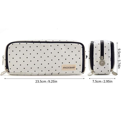 ANGOOBABY Large Pencil Case Big Capacity 3 Compartments Canvas Pencil Pouch for Teen Boys Girls School Students (Black Dot)
