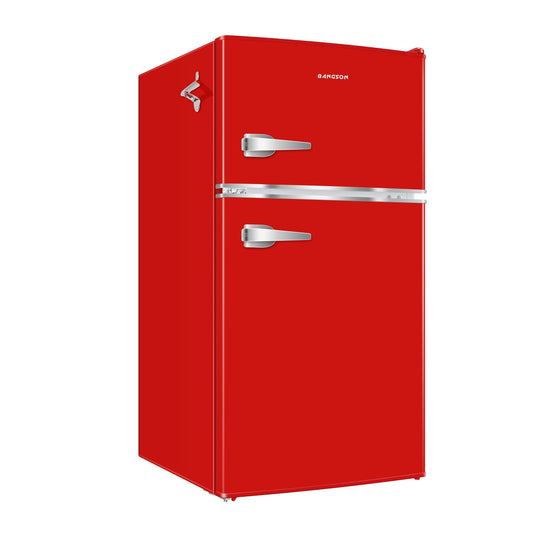 BANGSON Mini Fridge with Freezer, 3.2 CU.FT Small Refrigerator with Freezer, Door Handle, Bottle Opener, For Bedroom, Dorm, Office, Home, Garage or RV, R-600a (Red)